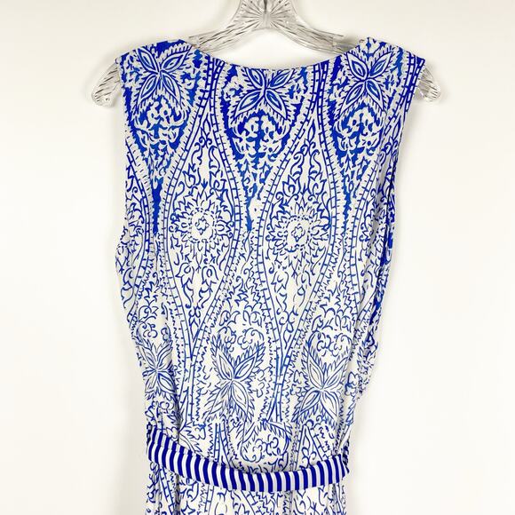 MNG by Mango Paisley Sheath Dress Blue White Knee Length With Sash Womens Size M - Picture 10 of 13